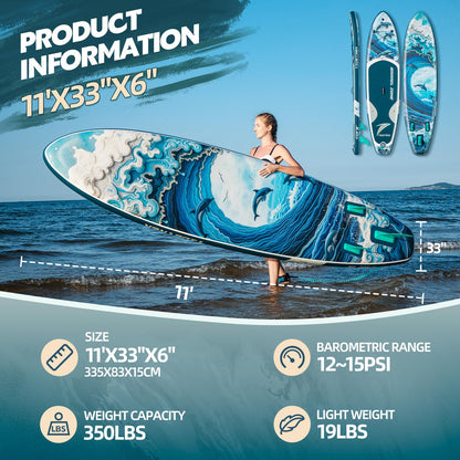 TIDETREK 11'/11'6" x 33"/34" x 6" Inflatable SUP Paddle Board – Extra-Wide, Stable Stand Up Paddle Board with Premium Full Accessory Set for Adults & Youth (Ocean Spirit, 11'x33 x6)