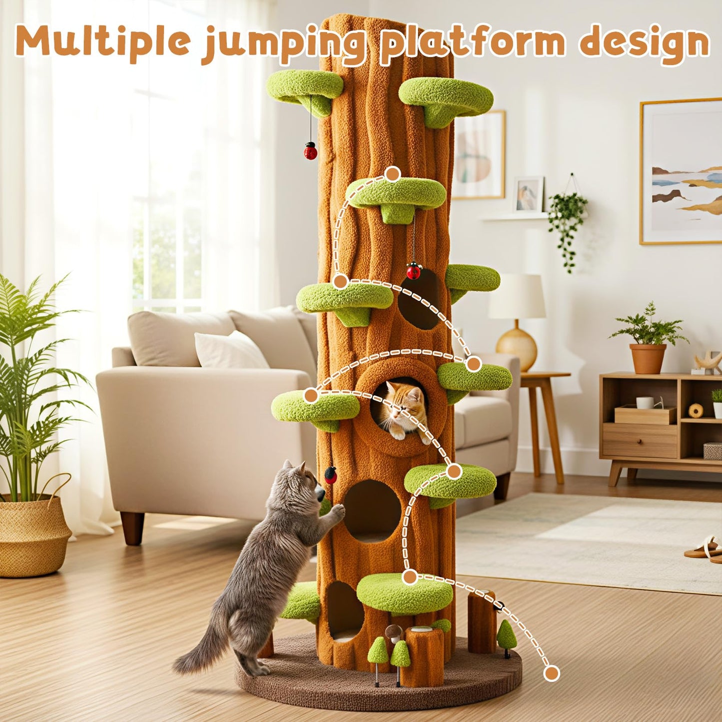 NUNU LAB 90.5 Inch Tall Cat Tree - Large Magic Forest Cat Tree Tower with Sisal Scratching Posts, Side Hideout & Platforms, Multi-Level Solid Wood Cat Condo with for Multi-Cat Homes (Large Green)