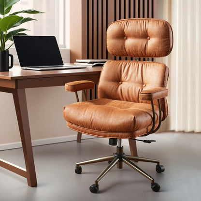 ovios Ergonomic Office Chair, High Back Faux Leather Executive Chairs with Thick Cushion, Comfy Mid-Century Modern Swivel Rolling Computer Armchair (Brown, Suede Leather)