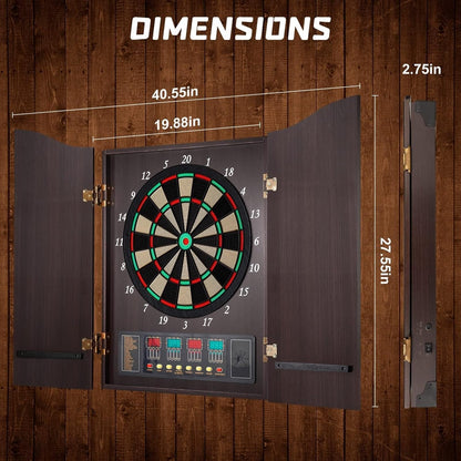 Electric Dartboard Set with Cabinet - Wooden Doors, LED Display, 12 Darts, 88 Soft Tips - 27 Games, up to 16 Players - Automatic Scoring Dart Board