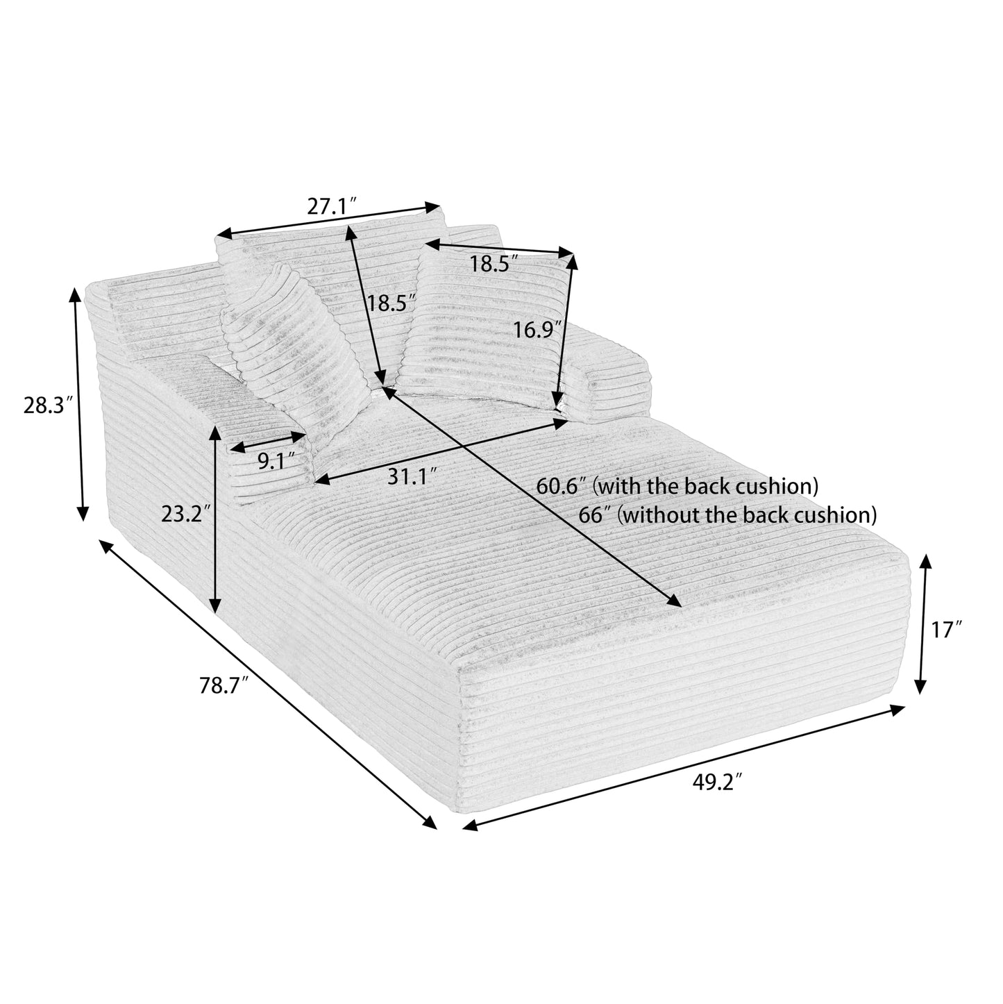 KEIKI 78.7" Oversized Indoor Chaise Lounge, Plush Corduroy Boneless Sofa Bed with 3 Pillows, Deep Seat Cloud Couch No Assembly for Bedroom Relaxation