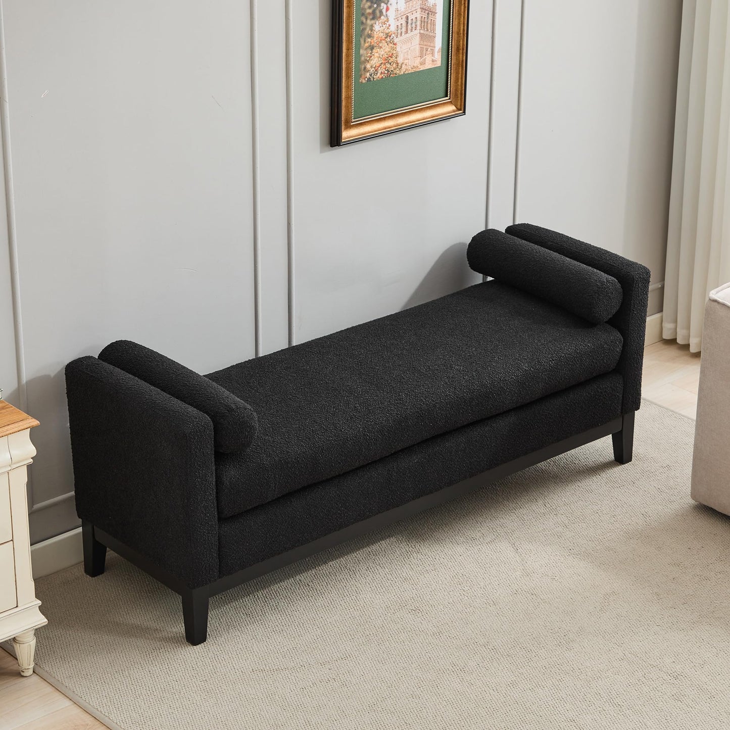 KEIKI Oversize Boucle Bench Ottoman with 2 Bolster Pillows & Wood Legs, Upholstered End of Bed Daybed Seating, Foot Rest Stool Furniture for Bedroom, Living Room, Entryway, Black