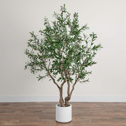 Nearly Natural 6ft. Artificial Grand Olive Tree in White Decorative Planter