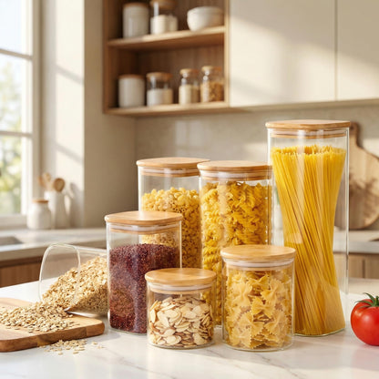 57oz - 3 Pack Square Glass Jars with Bamboo Lids, Glass Food Storage Containers with Airtight Lids for Kitchen, Air Tight Pantry Storage Containers for Cereal, Pasta, Rice, Sugar, Coffee, Spice
