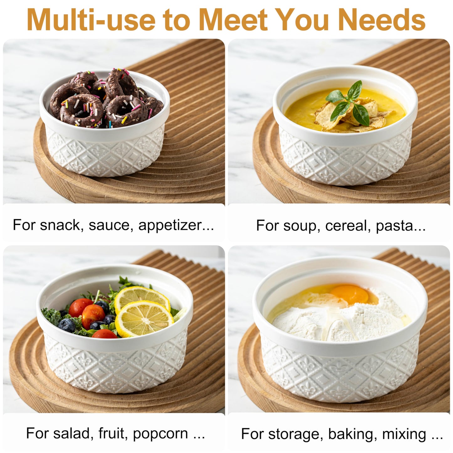 Large Mixing Bowls with Airtight Lids, Classic White Porcelain Embossed Nesting Salad Bowls for Baking and Cooking, 12/16/28/40oz Serving Bowls Set of 4, Oven and Dishwasher Safe, Thanksgiving Gift