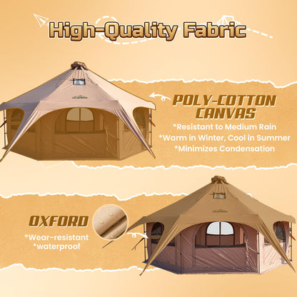 WildFinder 16.5ft Canvas Bell Tent, Large Yurt Tent with Stove Jack for Camping & Glamping, 55" High Walls, Maximum Space, Waterproof 4 Season Hot Tent with 8 Mesh Windows & Removable Floor