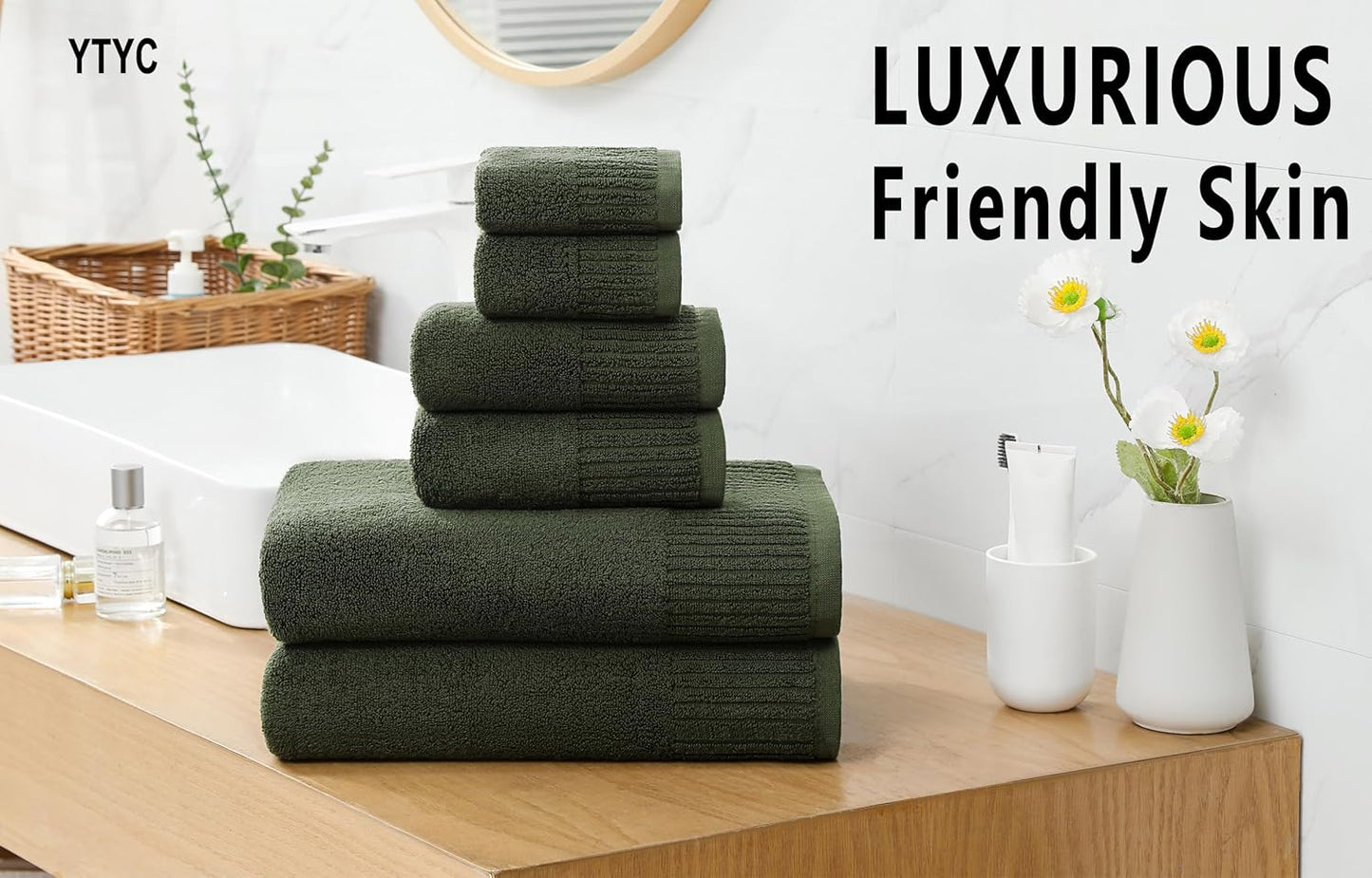 27.5x55 Inches Set 6 100 650GSM Green,6PCS) YTYC Luxury Bath Towels of Large, Percent Cotton Super Absorbent Soft