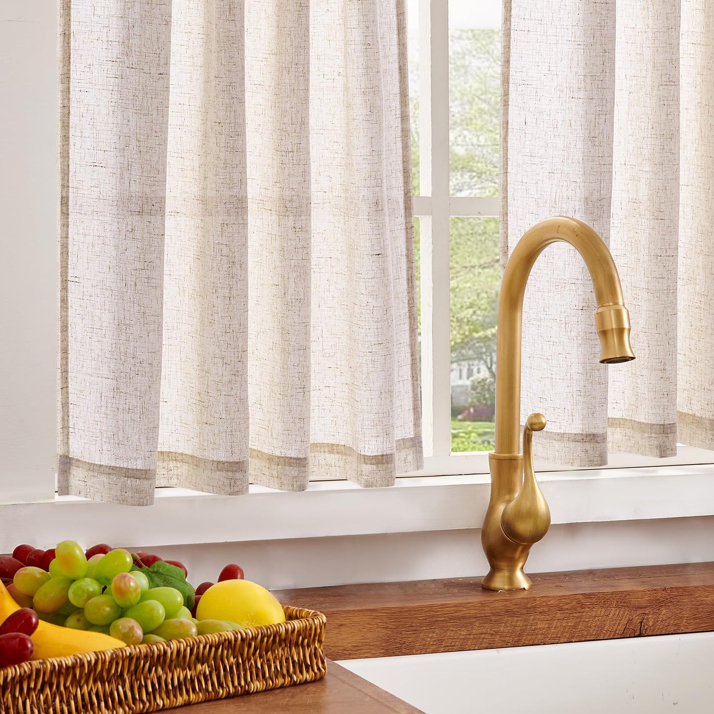 jinchan Linen Pinch Pleated Kitchen Curtains 30 Inch 2 Panels, Natural Linen Tier Curtains Back Tab Farmhouse Cafe, Light Filtering Small Window Drapes for Bathroom Laundry Room Beige