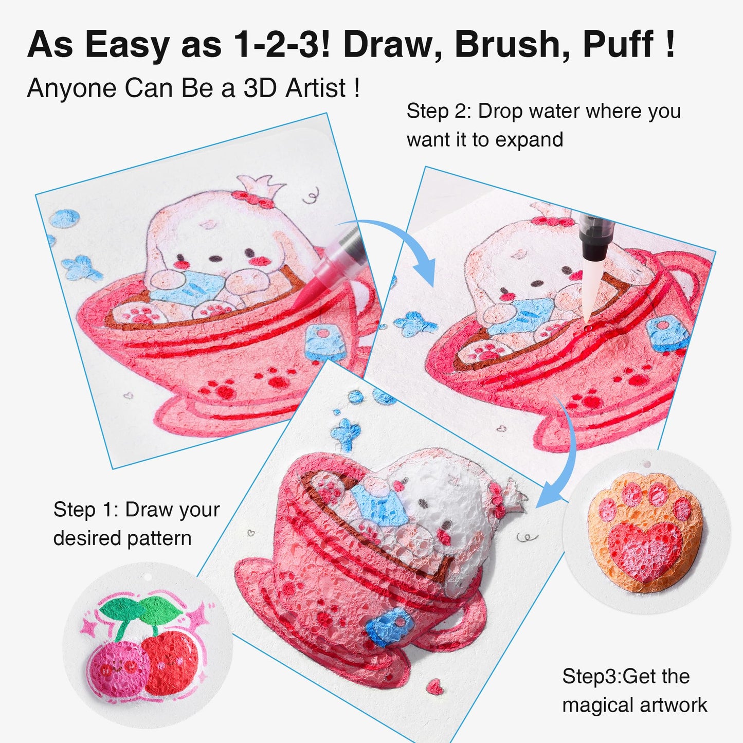RuiHawk 3D Magic Foam Texture Painting Kit, 75 Pcs Puff Paint Art Supplies with 24 Auto-Flow Markers, 38 Texture Sheets & 10 Bead Necklace, Non-Toxic Creative Puffy Paint Gift for Boys Girls Ages 4-12