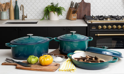 Larder & Vine 6-Piece Enameled Cast Iron Pan Cookware Sets, Includes 8 Quart and 5.7 Quart Dutch Oven with Lids, Braiser/Crock Pot with Lid (Bondi)