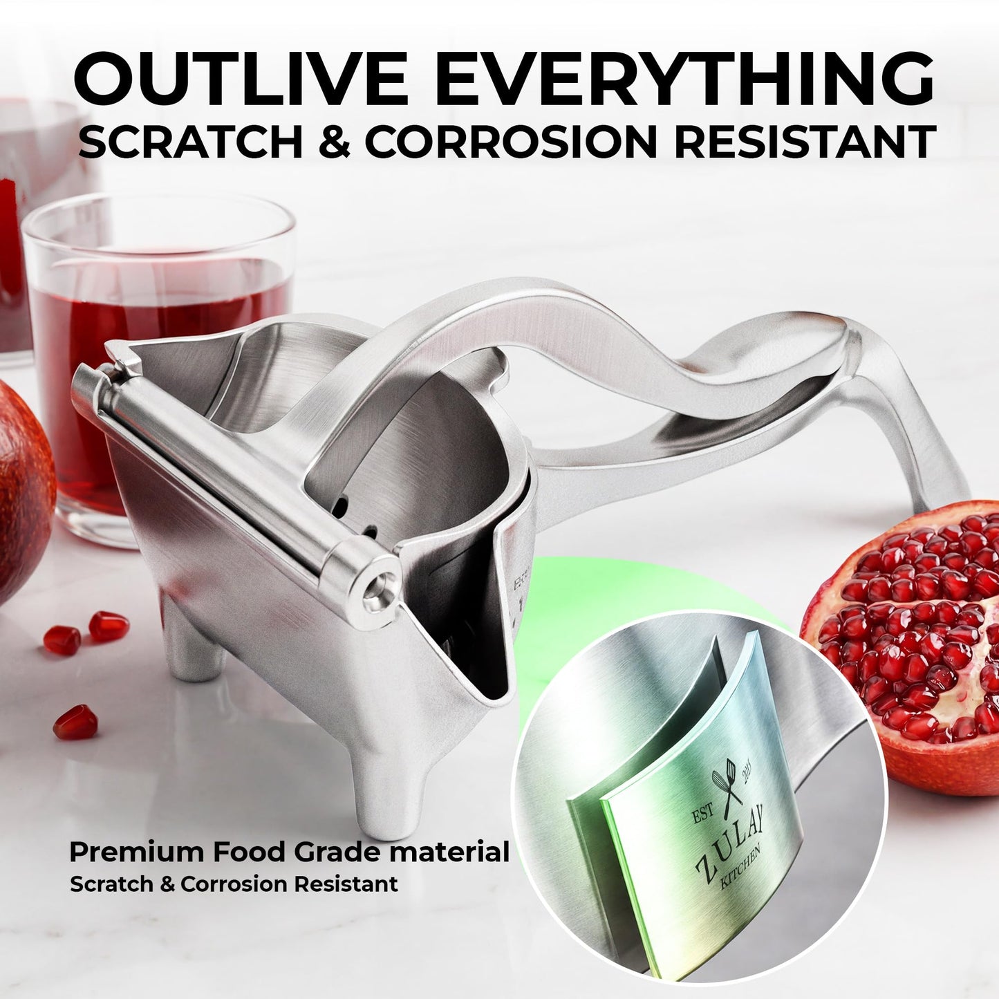 Zulay Manual Fruit Juicer- Heavy Duty Juice Press Squeezer with Detachable Lever & Removable Strainer - Fruit Press & Hand Juicer For Pomegranates, Lemons, Oranges, and More (Silver)
