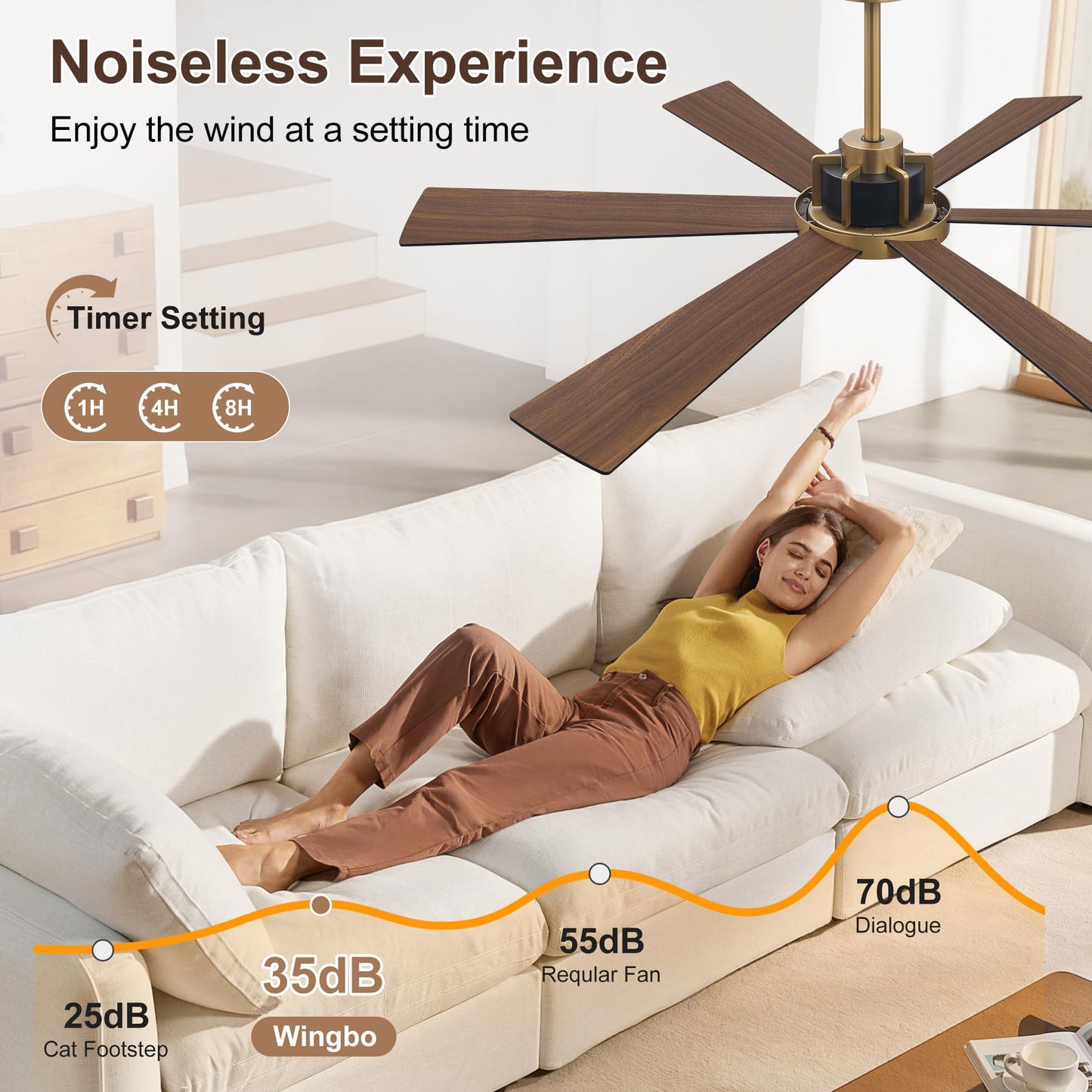 WINGBO 60 Inch Ceiling Fan with Light - 6 Plywood Blades, 6-Speed Reversible DC Motor, Noiseless Remote Control Ceiling Fans with Lights for Bedroom Living Room Kitchen, Gold and Walnut/Black