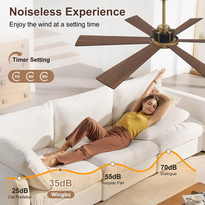 WINGBO 60 Inch Ceiling Fan with Light - 6 Plywood Blades, 6-Speed Reversible DC Motor, Noiseless Remote Control Ceiling Fans with Lights for Bedroom Living Room Kitchen, Gold and Walnut/Black