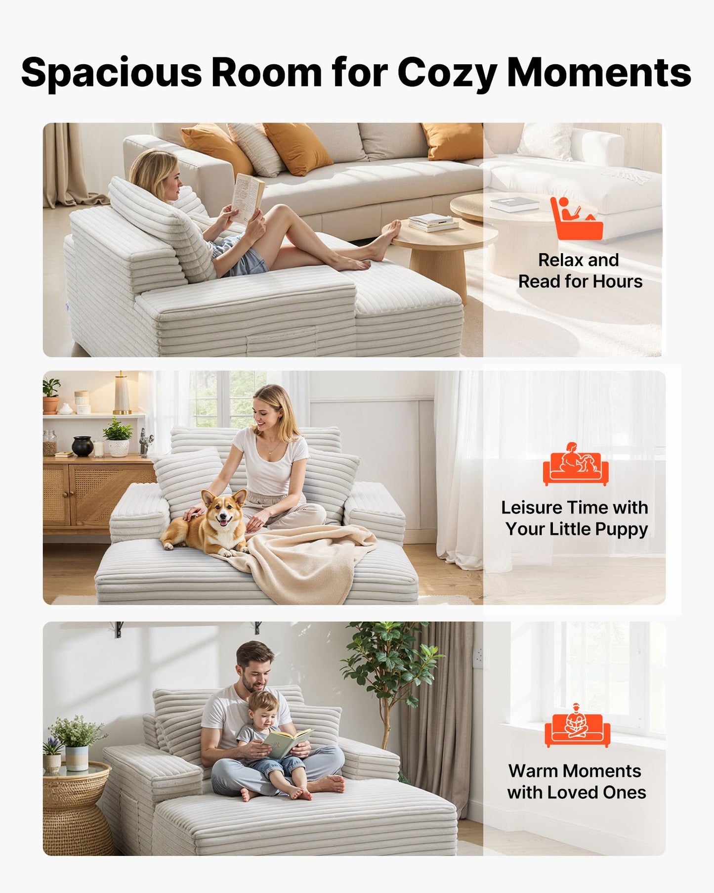 VEVOR Oversized Chaise Lounge Chair, 54" Boneless Chaise Lounge Indoor, Modern Upholstered Reading Chair with Throw Pillows & Armrests, Sofa Couch Deep Seat Sleeper for Living Room, Bedroom, Beige