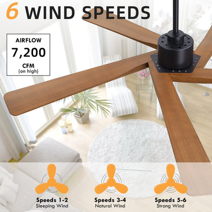 WINGBO 64" ABS DC Ceiling Fan No Light, 5 Blade ABS Plastic Ceiling Fan with Remote, 6-Speed Reversible DC Motor, Ceiling Fans without Light for Kitchen Bedroom Living Room, Matte Black and Walnut