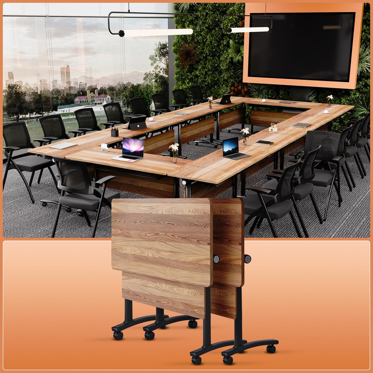 JNMDLAKO Conference Room Table,Modular Large Folding Conference Table with Wheels,Flip-Top Mobile Training Tables for Office Meeting Classroom Seminar (6, White Walnut, 63in)