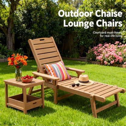 Psilvam Chaise Lounges Set of 2, Lounge Chairs with Adjustable Backrest, Supports Up to 350 lbs, All Weather Recliner Poly Lumber Lounges Bed for Poolside, Patio, Porch(Light Brown)