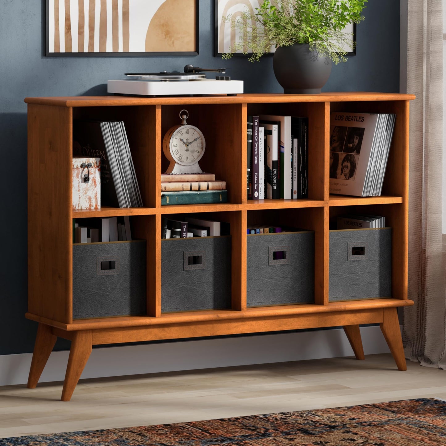 SIMPLIHOME Draper Console Table - 57 Inch Wide Solid Hardwood 8-Cube Sofa Table in Teak Brown, Mid-Century Modern Bookcase for Entryway or Living Room with 8 Open Storage Cubbies and Tapered Legs