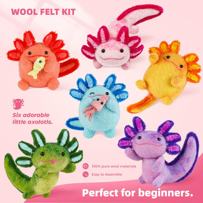 MOREJMTT Needle Felting Kit, 6 PCS Animal Needle Felting Beginner Kits, Wool Felt Needle Felting Tools Foam Pad, Craft Party Supplies for Beginners Adult(6pack Axolotl)
