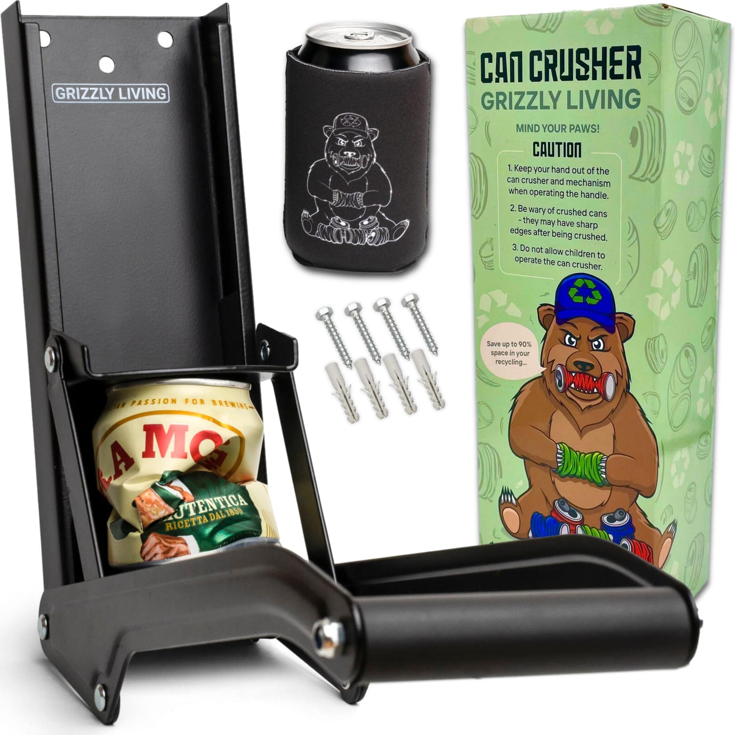 Grizzly Living Heavy Duty Can Crusher for Recycling | Can Rrusher Wall Mounted for 12-16oz Cans | Aluminum Can Crusher for Recycling Soda, Beer or Soft Drinks Cans, Can Smasher for Recycling