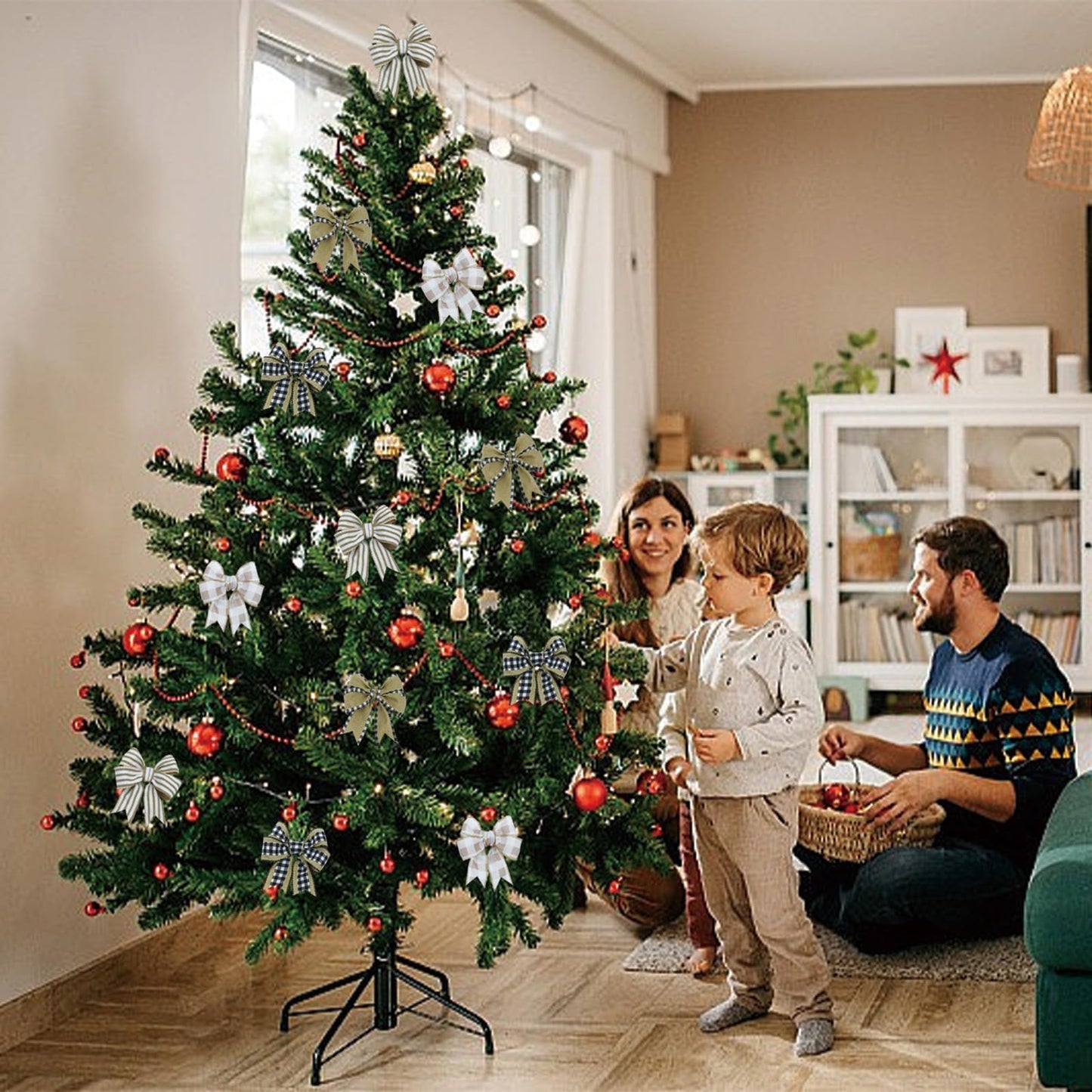 4 Rolls Winter Burlap Checked Ribbon Wire Border Christmas Holiday DIY Present Butterfly Floral Craft Decor 1.5 Inches Wide 13.2 Yard (Natural)
