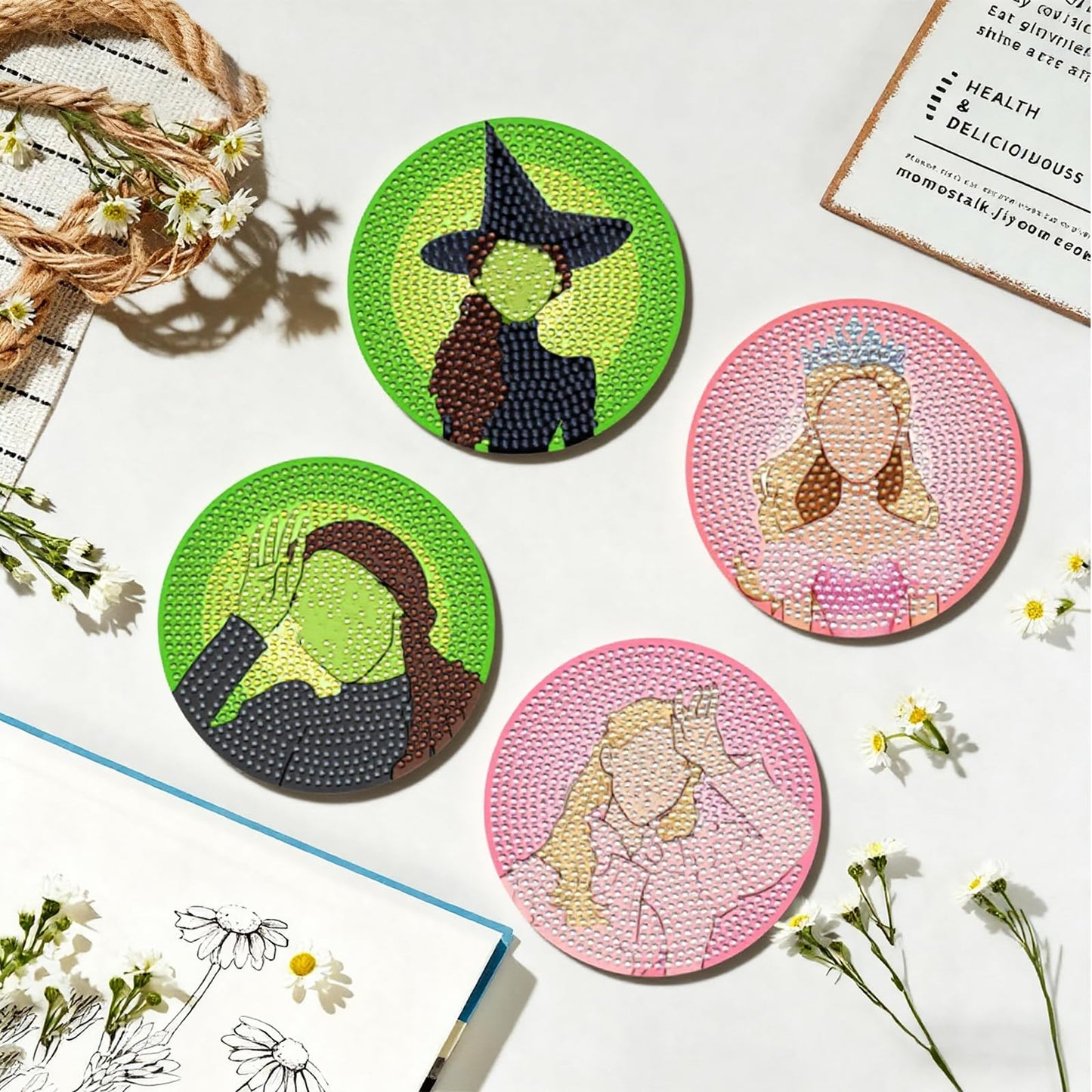 8Pcs Witch Diamond Art Coasters Kit Pink Green Diamond Painting Coasters Kit with Holder Fun DIY Diamond Art Craft for Adults Gifts Office Home Decor Supplies