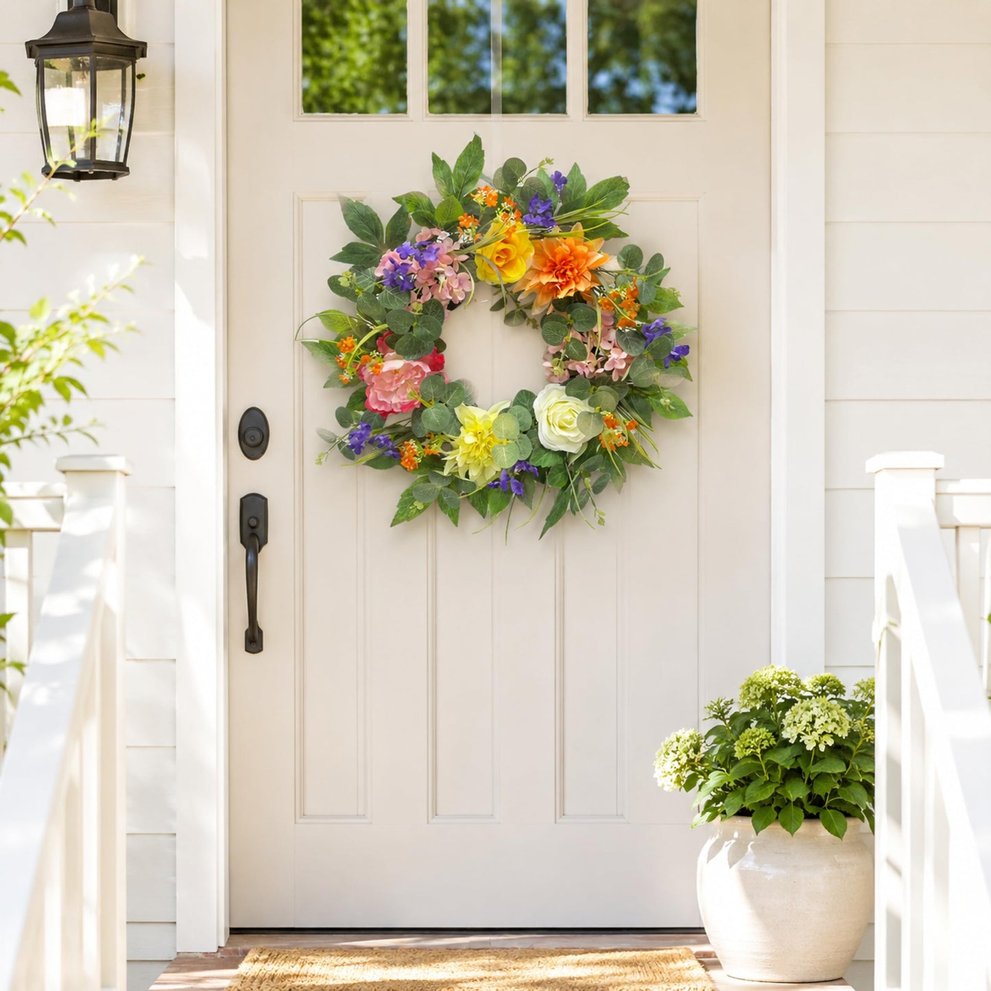 Svndlyn 22 Inch Lighted Spring Summer Floral Wreath with Faux Flowers