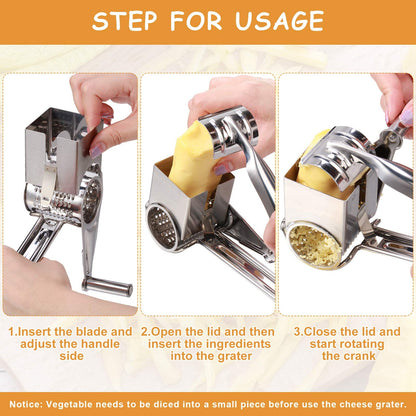 Honoson Rotary Cheese Grater Stainless Steel Handheld Rotary Parmesan Grater Cheese Cutter Slicer Shredder with 4 Stainless Drum for Grating Hard Chocolate Nuts Kitchen Tool