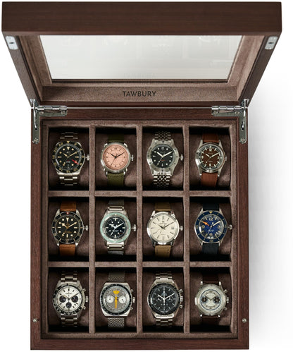 TAWBURY Wooden Watch Case - 12 Slot Wood Watch Box for Men & Women with Glass Display, Protective Fully Lined Interior and 2-inch Wide Pillows for Small & Large Watches (Dark Walnut)