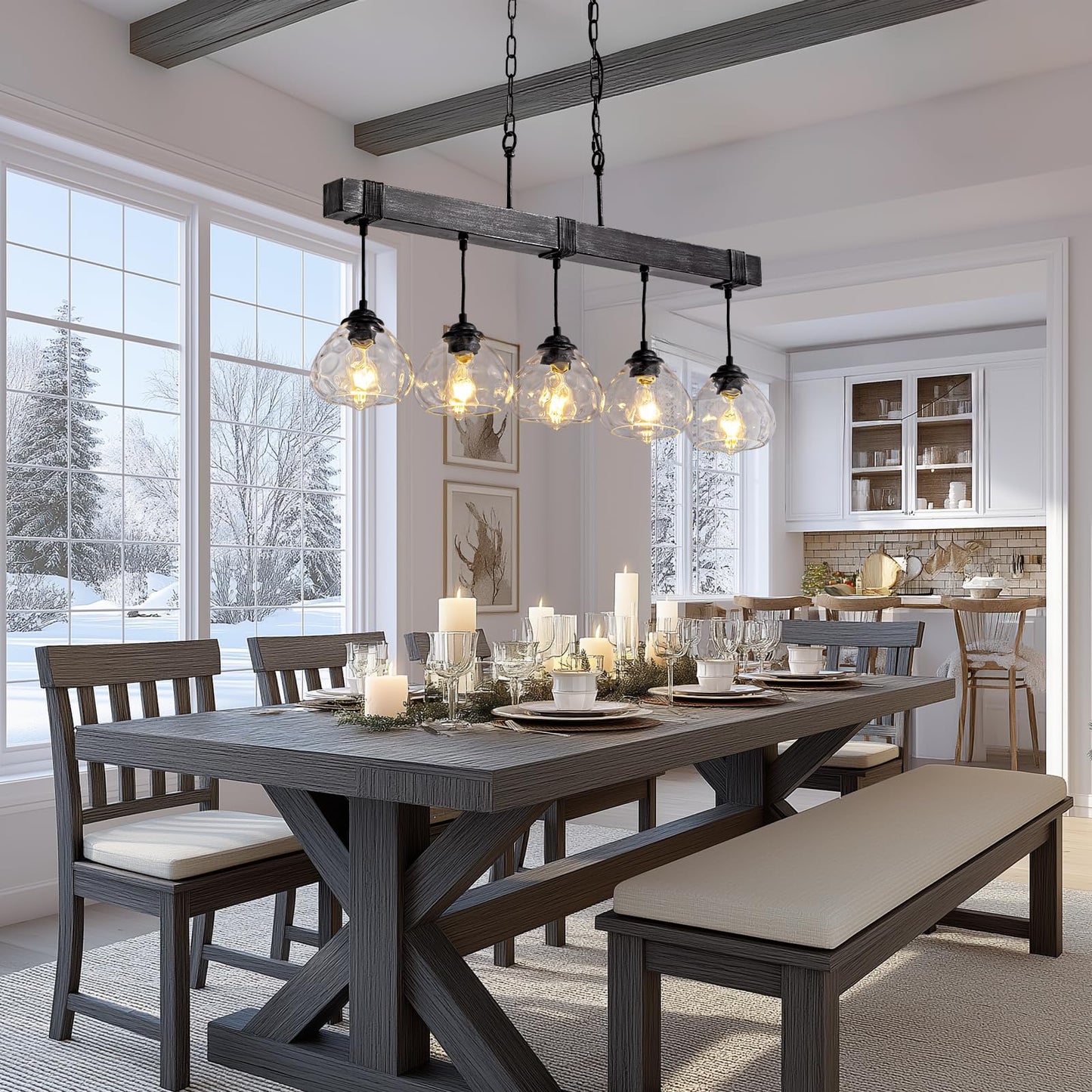 7PMBEANE Linear Chandelier for Dining Room, Modern 5-Light Kitchen Island Lighting,Black Farmhouse Linear Chandelier with Glass Shades, L39IN+W5.5IN+H7.9IN