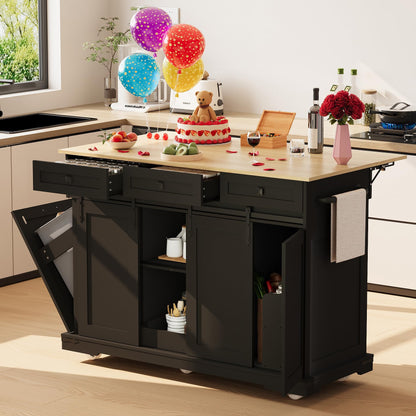 Large Rolling Kitchen Island with Power Outlet, Mobile Kitchen Cart on Wheels with Drop Leaf, 3 Drawers, Trash Can Storage, Spice Rack, Towel Holder, Kitchen Island Table for Dining Room, Home, Black