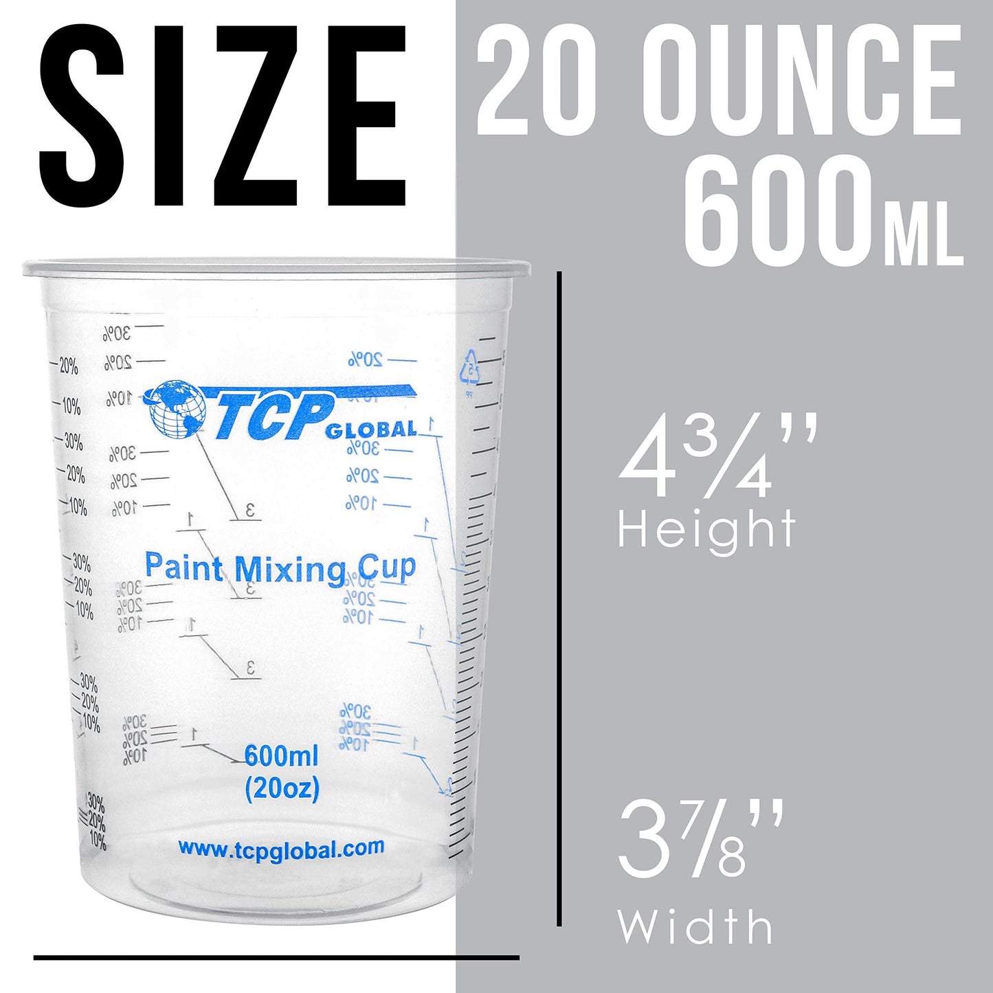 TCP Global 20 oz. (600ml) Graduated Plastic Mixing Cups - Box of 50 with 50 Mixing Sticks - Disposable Plastic Measuring Cups for Liquids, Paints, Resin, Epoxy, Art, Kitchen - Ratios 2-1, 3-1, 4-1 ML