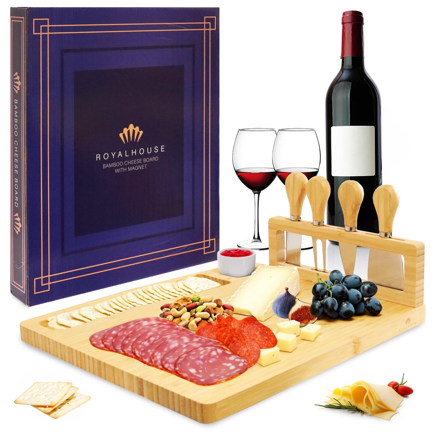 RoyalHouse Bamboo Cheese Board and Knife Set with Magnetic Holder - Serving Tray for Crackers, Meat, and Wine - Anniversary and Wedding Gift