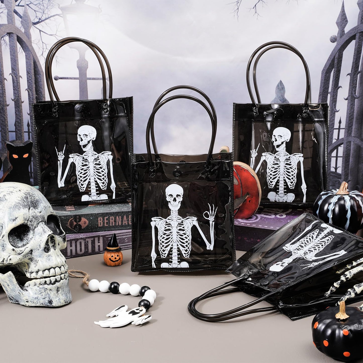 Whaline 12 Pcs Halloween Skeleton PVC Gift Bags Black White Skeleton Party Favor Bags with Handles Day of the Dead Reusable Clear Treat Tote Bag for Trick or Treat Holiday Birthday Party Supplies