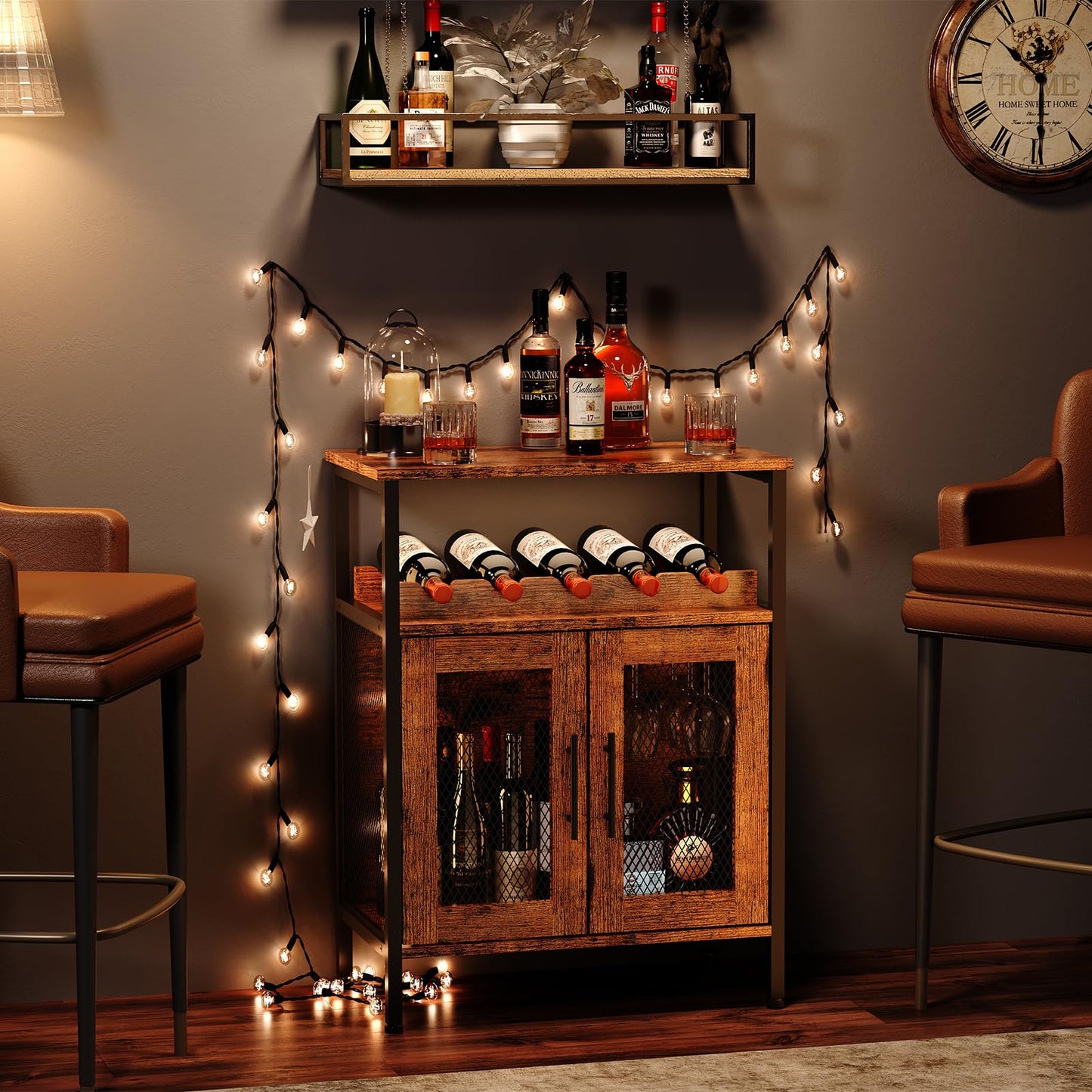 X-cosrack Wine Bar Rack Cabinet with Detachable Wine Rack, Coffee Barwith Glass Holder, Small Sideboard and Buffet Cabinet with Mesh Door, Rustic Brown(Patent Pending)