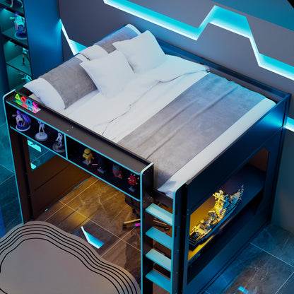 Merax Full Size Gaming Loft Bed with Integrated Desk and Lights, Modern Wooden Bed Frame with Desk and Built-in Charging Station, Black+Blue