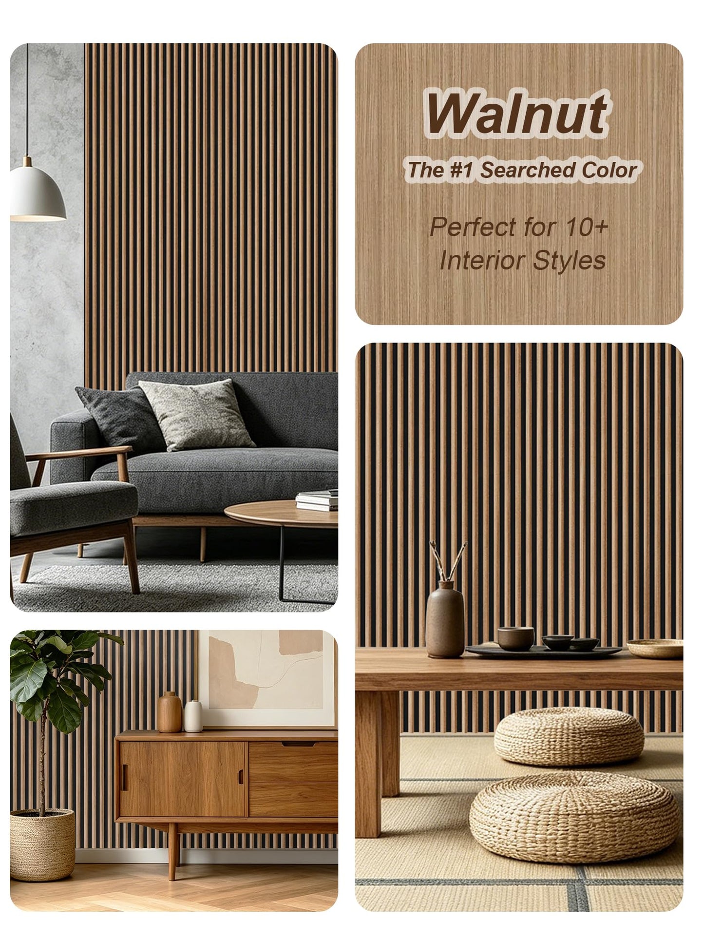 Mollywell Wood Slat Wall Panels, Walnut Acoustic Wall Panel 94.5x12.5 Inch, 8ft Arc Slat Wall Paneling, Flexible 3D Sound Proof Accent Wall Boards NRC 0.95 for TV Backdrop Bedroom, Pack of 6