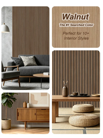 Mollywell Wood Slat Wall Panels, Walnut Acoustic Wall Panel 94.5x12.5 Inch, 8ft Arc Slat Wall Paneling, Flexible 3D Sound Proof Accent Wall Boards NRC 0.95 for TV Backdrop Bedroom, Pack of 6