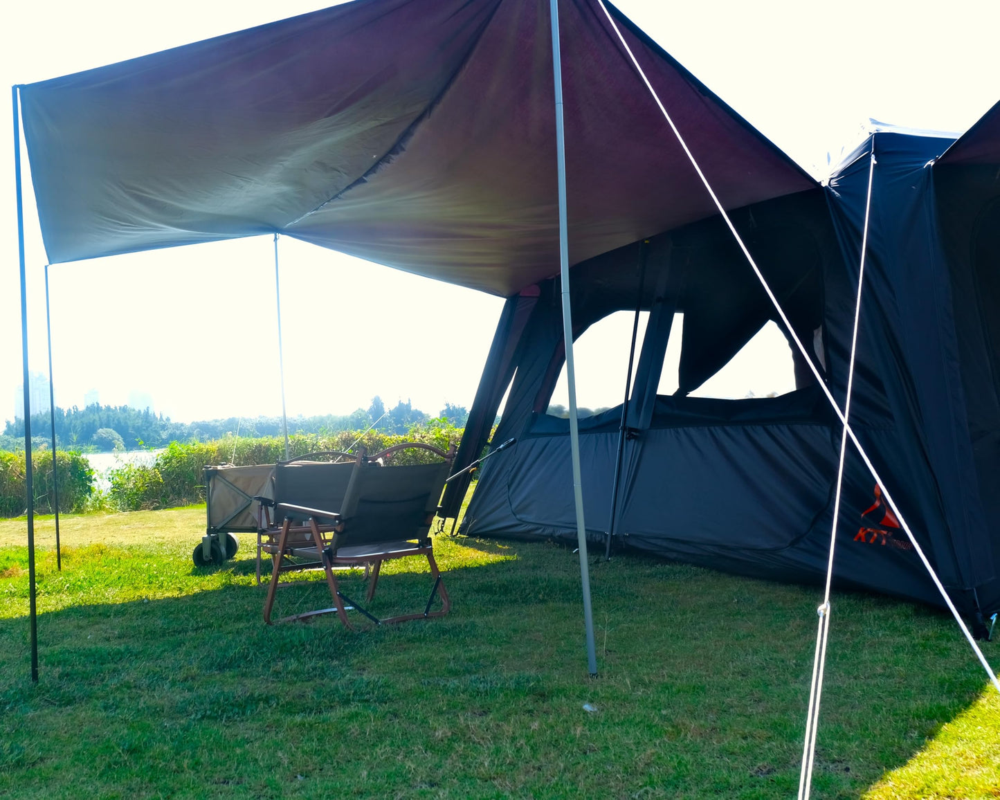KTT Extra Large Tent 12 Person,Family Cabin Tents,Awning,2 Rooms,4 Doors and 4 Windows with Mesh,Straight Wall,Waterproof,Double Layer,Big Tent for Outdoor,Picnic,Camping,Family Gathering(Black)