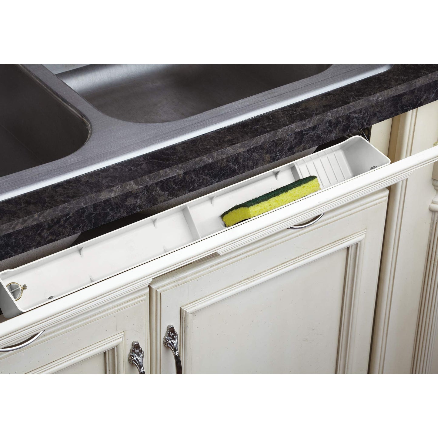 Rev-A-Shelf 30" Tip-Out Plastic Sink Tray for Kitchen and Bathroom Base Cabinets, Large Pullout Vanity Shelf Home Organizer, White, LD-6591-30-11-1