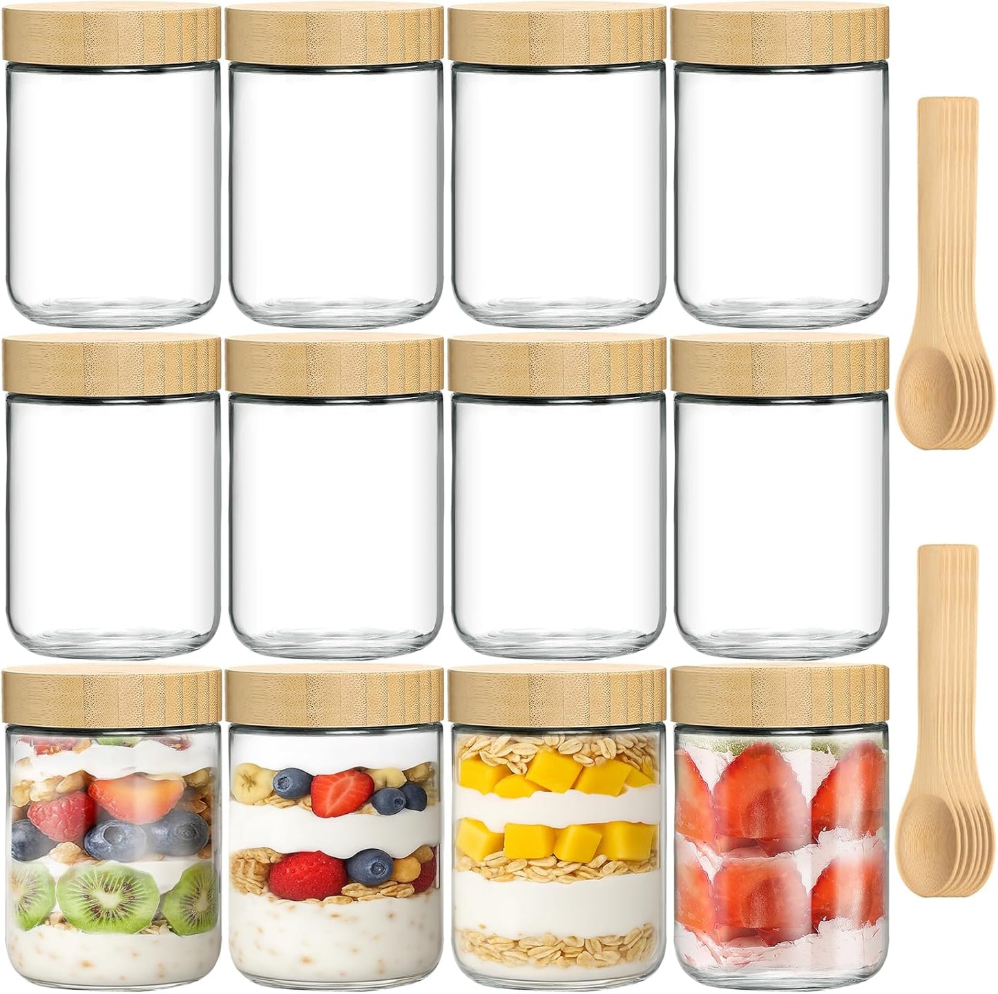 12 Pack 16oz TBWIND Glass Jars with Bamboo Lids, Spoons, Airtight Overnight Oats Containers, Salad& Yogurt Storage