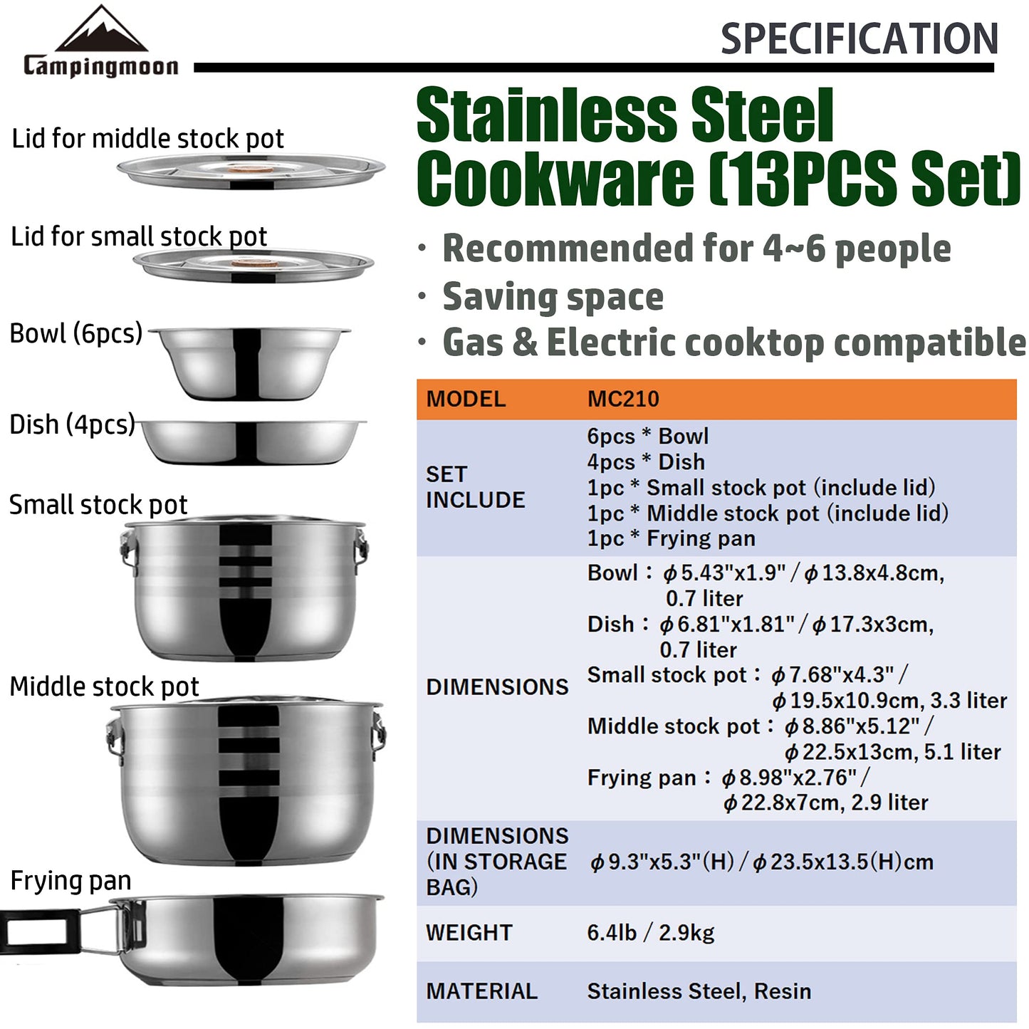CAMPINGMOON 13PCS Camping Cookware Set Stainless Steel Outdoor Nesting Cooking Mess Kit Pots Pans Bowls with Storage Carrying Tote Bag MC210