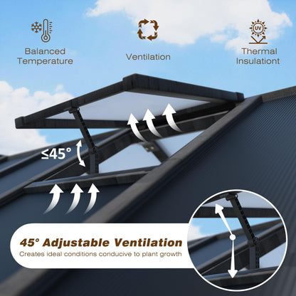Yardenaler 8x10 FT Greenhouse Kit with 6MM Thick Polycarbonate Panel for Outdoor, Wooden Walk-in Green House with Adjustable Roof Vent and Lockable Door, Backyard, Garden, Black