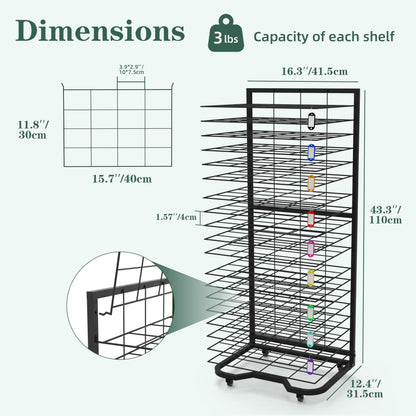 Xstermism Art Drying Rack for Classroom,Paint Drying Rack On Wheels with 19 Removable Shelves,Study Metal Art Storage Rack for Art Studios,Schools