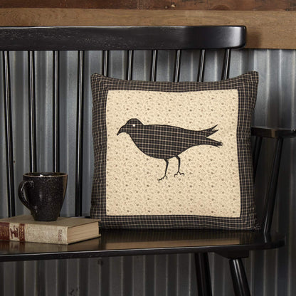 VHC Brands Kettle Grove Pillow Crow 16x16 Country Primitive Bedding Accessory, Black and Creme