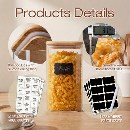 57oz - 3 Pack Square Glass Jars with Bamboo Lids, Glass Food Storage Containers with Airtight Lids for Kitchen, Air Tight Pantry Storage Containers for Cereal, Pasta, Rice, Sugar, Coffee, Spice