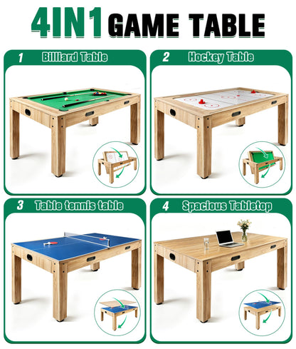 7FT 4-in-1 Multi Game Table with Pool Table Air Hockey Ping Pong, Convertible Pool Dining Table & Desktop with Locked Wheels, Complete Accessories Table Combo for Home, Game Room and Family Daily Use