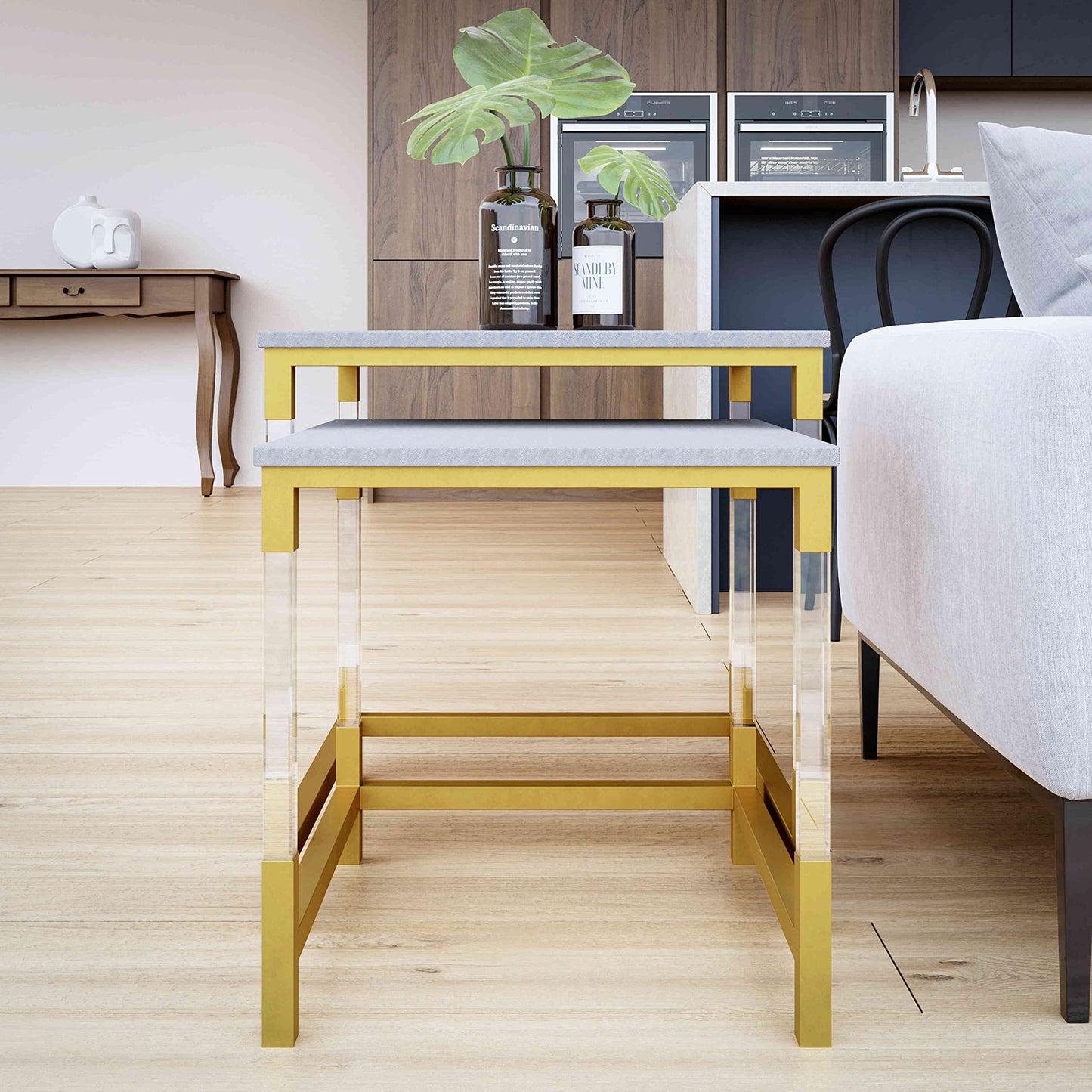 Cortesi Home Annidarsi Square Nesting Tables with Clear Acrylic Legs, Gold