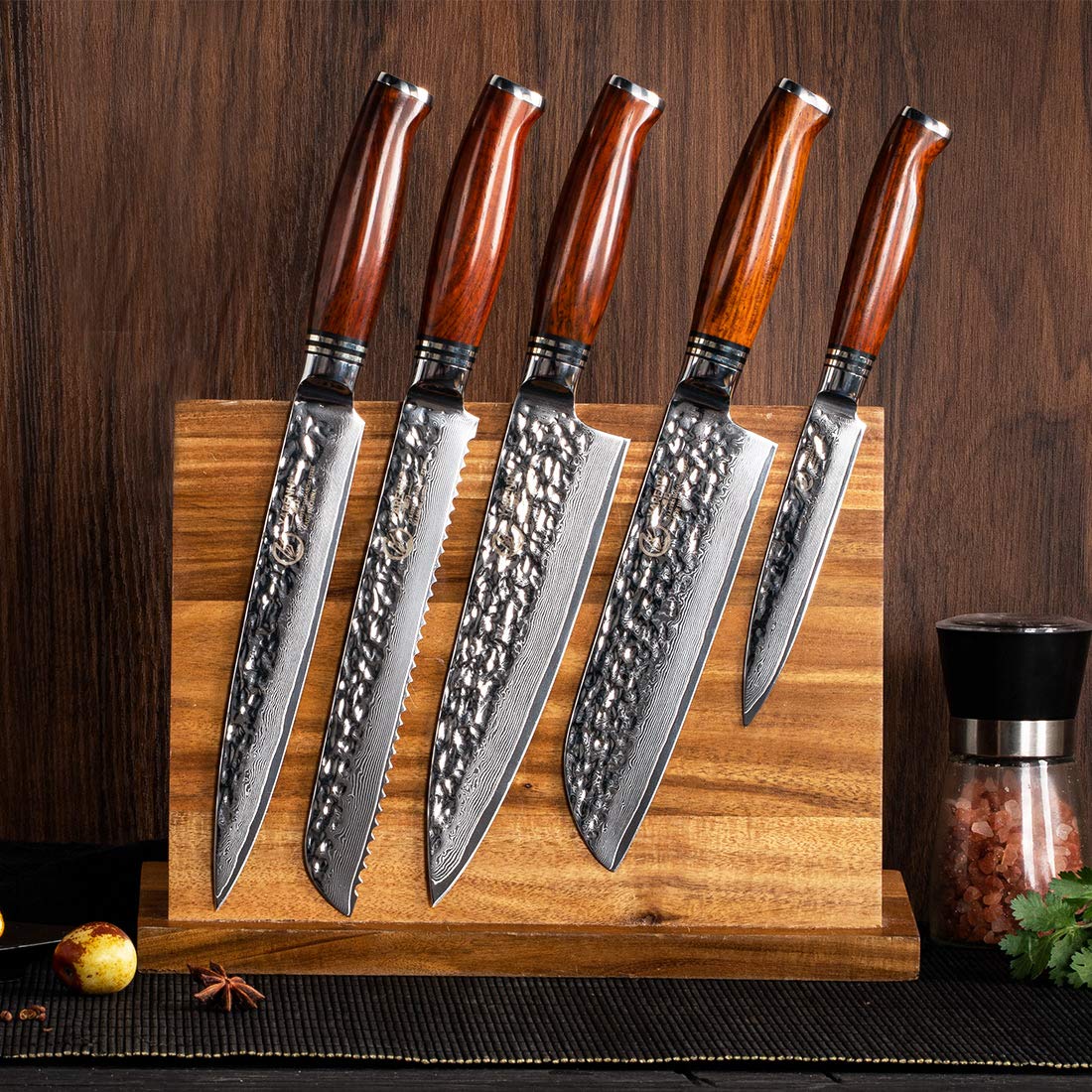 YARENH Chef Knife Set without Block, 5 Piece Professional Sharp Kitchen Knives,Damascus Stainless Steel, 73 Layers, Full Tang, Dalbergia Wood Handle, HTT Series