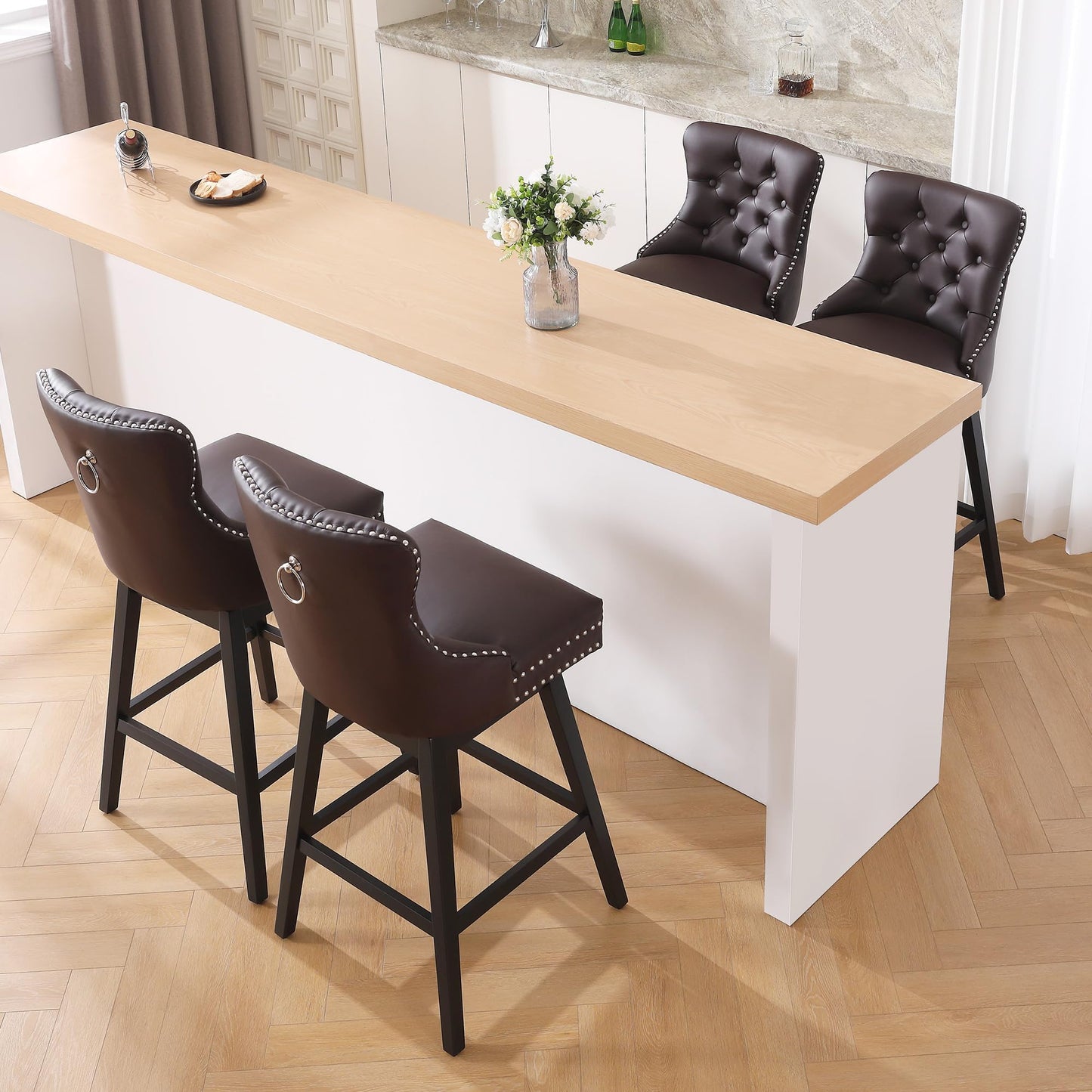 Fahomiss Brown Leather Swivel Bar Stools Set of 4 with Back, 26 Inch Counter Height Chairs, Solid Wood Legs, Tufted Seat, Comfortable and Stylish for Kitchen, Island, Home Bar（Brown, 4 Pack, 26" H）